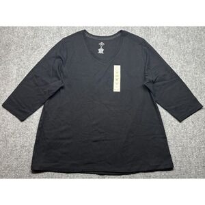 St Johns Bay Top Womens 3X Plus Black 3/4 Sleeve V-Neck Solid 100% Cotton New